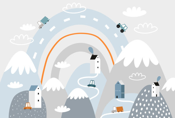 Cartoon einer Straße mit Häusern und Regenbogen Cartoon einer Straße mit Häusern und Regenbogen