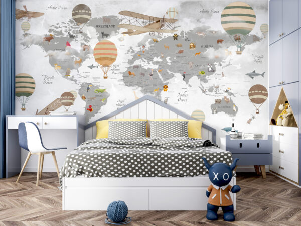Weltkarte mit Tieren und Heißluftballons Weltkarte mit Tieren und Heißluftballons