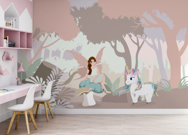Cartoon einer Frau, die auf einem Pilz mit einem Einhorn sitzt Cartoon einer Frau, die auf einem Pilz mit einem Einhorn sitzt