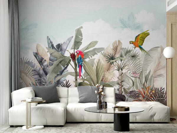 Wallpaper with tropical plants and birds Wallpaper with tropical plants and birds