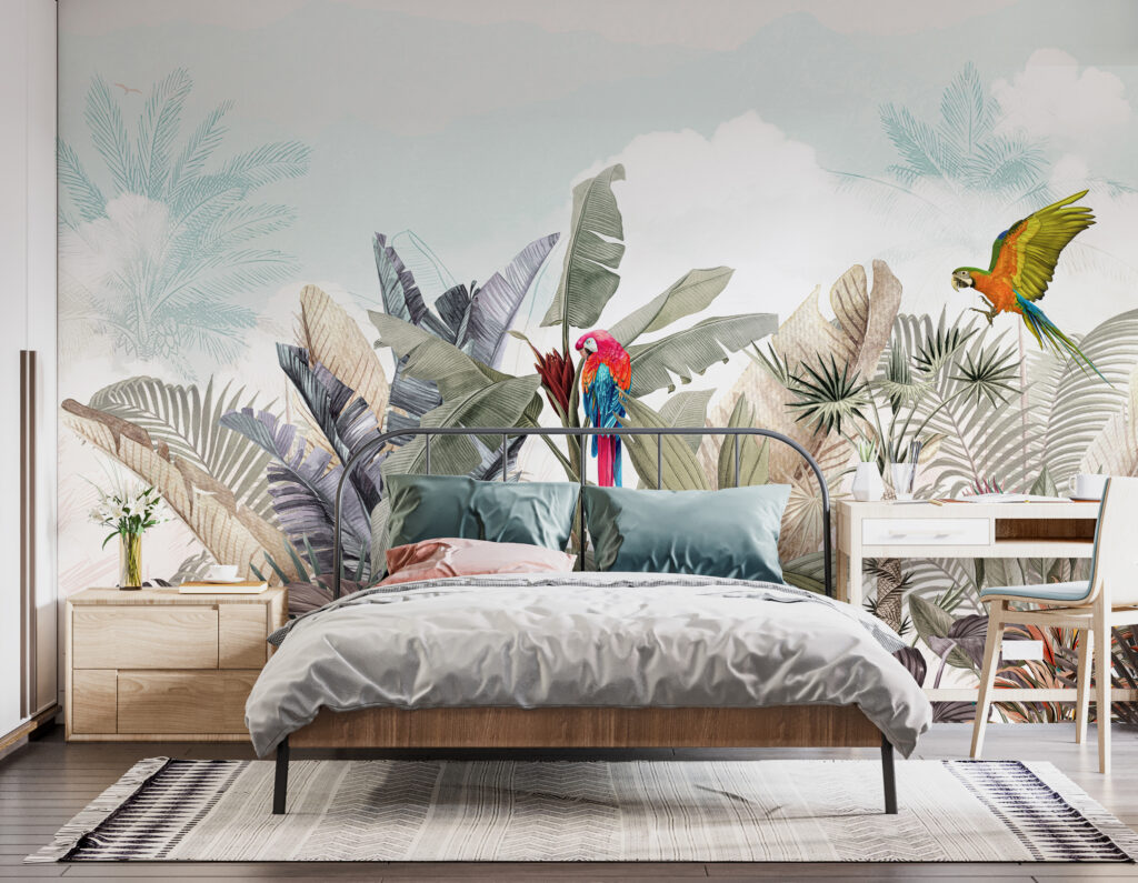 Wallpaper with tropical plants and birds Wallpaper with tropical plants and birds