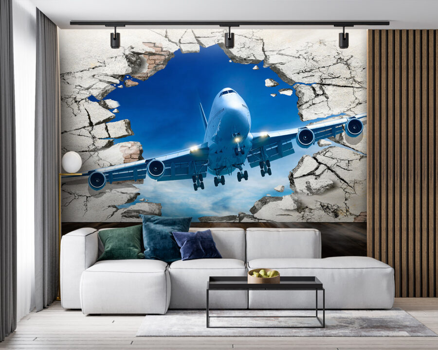 Flugzeug kommt durch ein Loch in der Wand