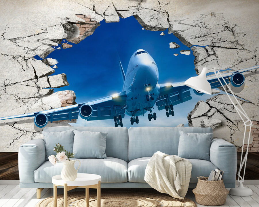 Flugzeug kommt durch ein Loch in der Wand