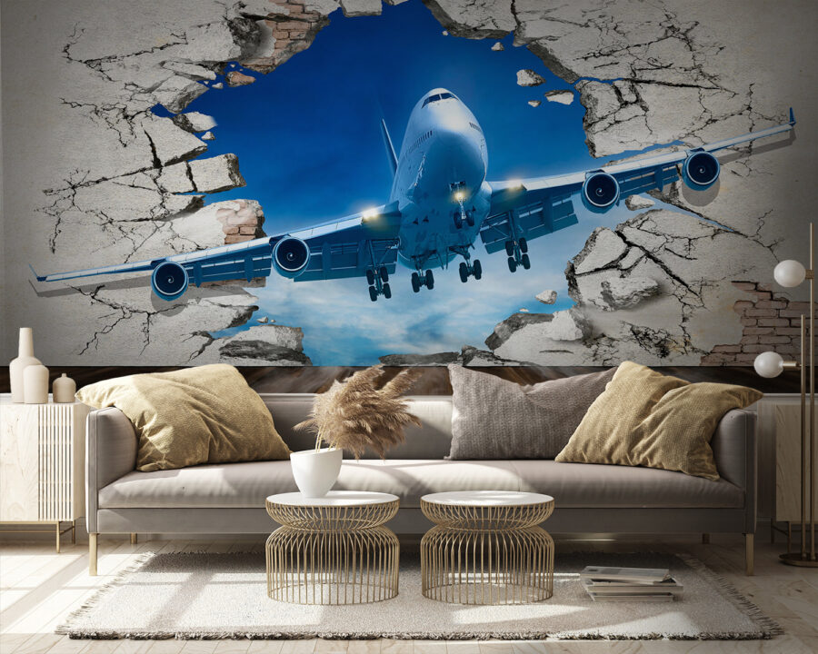 Flugzeug kommt durch ein Loch in der Wand