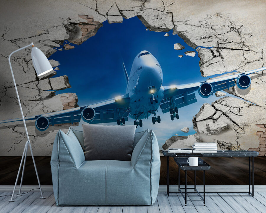 Flugzeug kommt durch ein Loch in der Wand