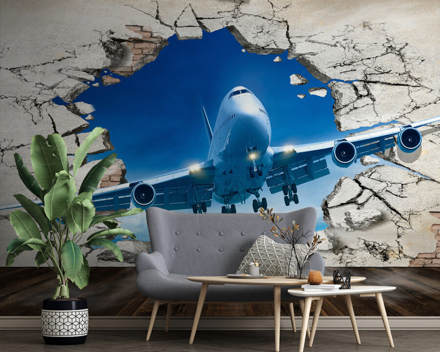 Flugzeug kommt durch ein Loch in der Wand