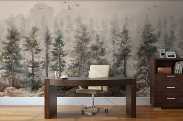 Aquarell von Bäumen und Vögeln, die über einen nebligen Wald fliegen Aquarell von Bäumen und Vögeln, die über einen nebligen Wald fliegen