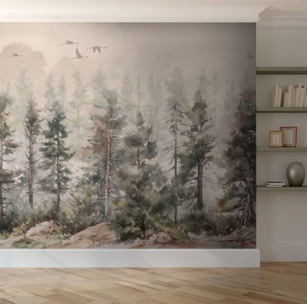 Aquarell von Bäumen und Vögeln, die über einen nebligen Wald fliegen