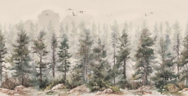 Aquarell von Bäumen und Vögeln, die über einen nebligen Wald fliegen Aquarell von Bäumen und Vögeln, die über einen nebligen Wald fliegen