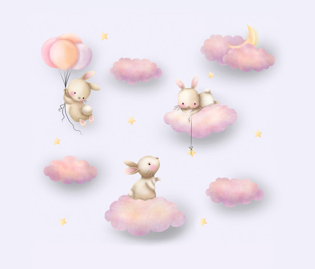 Gruppe von Kaninchen auf Wolken Gruppe von Kaninchen auf Wolken