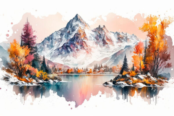 Aquarellmalerei eines Berges und eines Sees Aquarellmalerei eines Berges und eines Sees