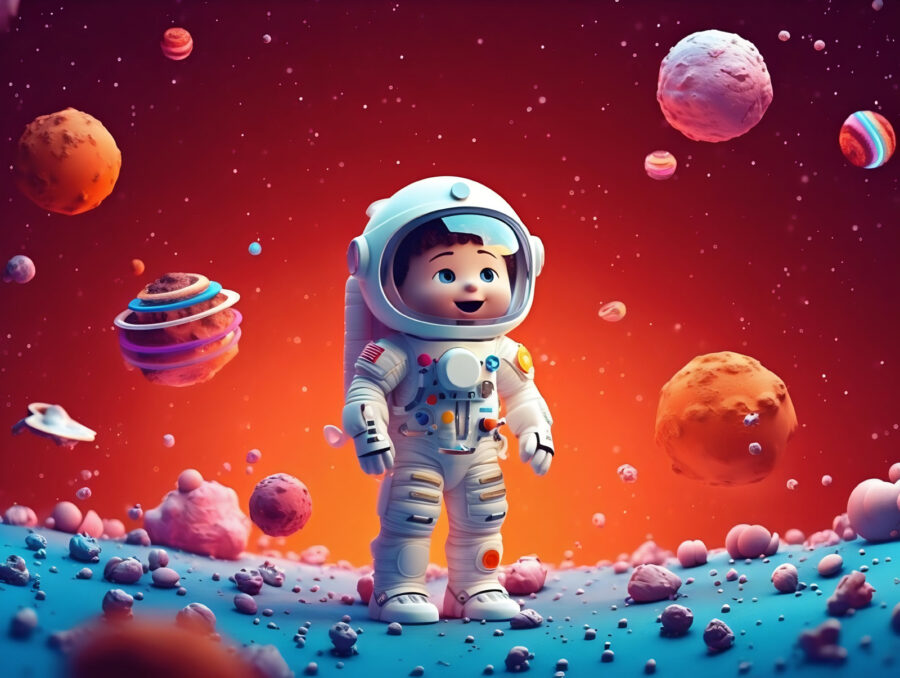Cartoon eines Spielzeug-Astronauten im Weltraum Cartoon eines Spielzeug-Astronauten im Weltraum