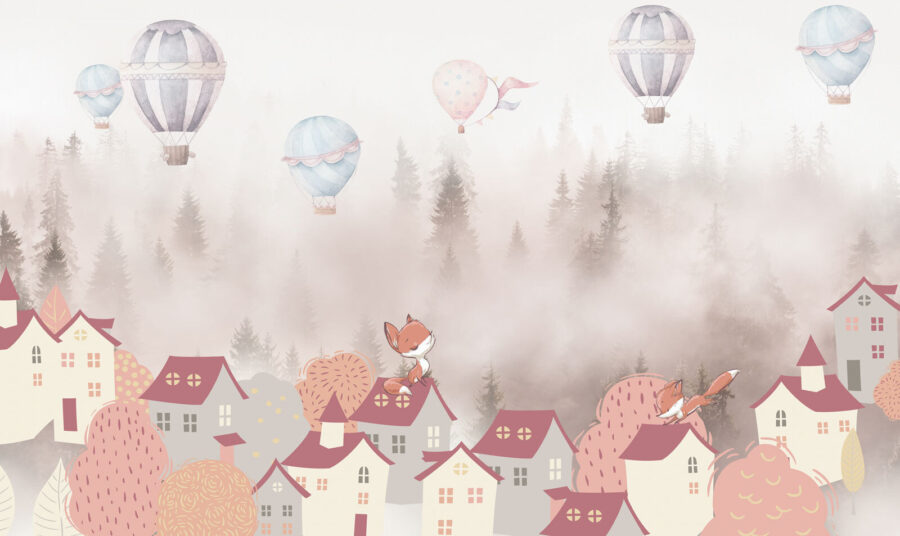 Cartoon eines Fuchses auf einem Dach einer Stadt mit Heißluftballons Cartoon eines Fuchses auf einem Dach einer Stadt mit Heißluftballons
