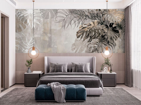 Graue und weiße Wand mit Blättern Graue und weiße Wand mit Blättern