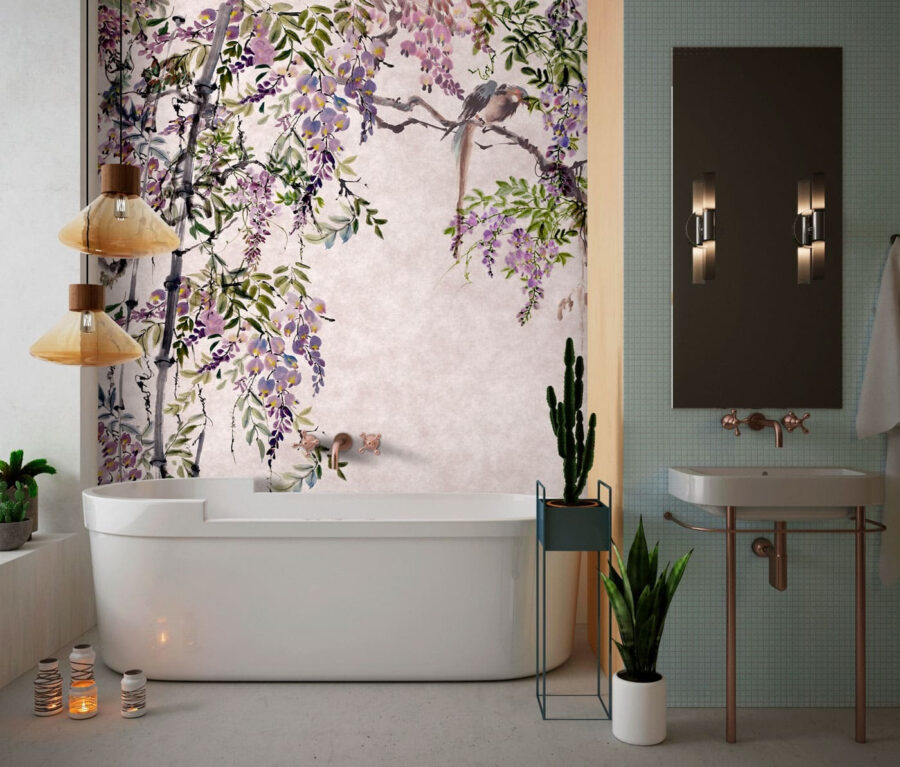 Gemälde eines Baumes mit violetten Blumen