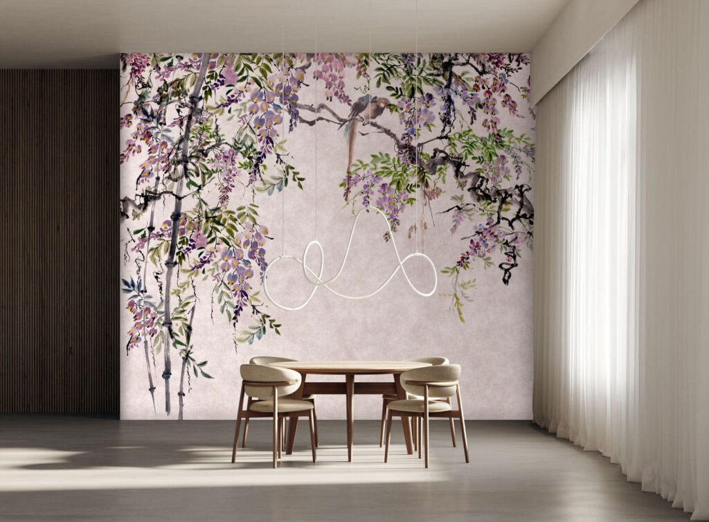 Painting of a tree with purple flowers