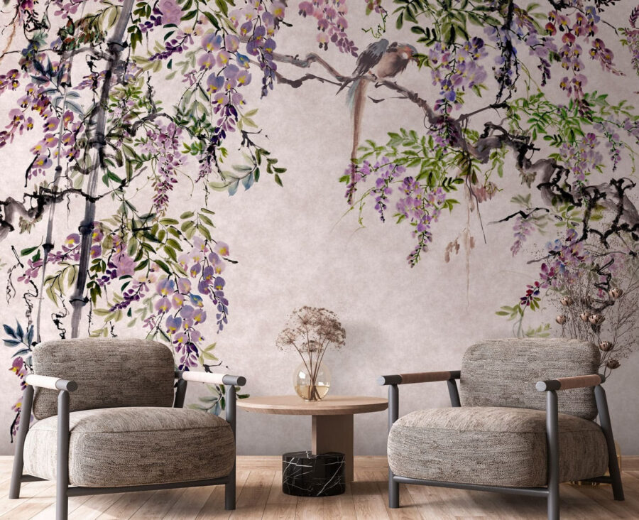 Gemälde eines Baumes mit violetten Blumen