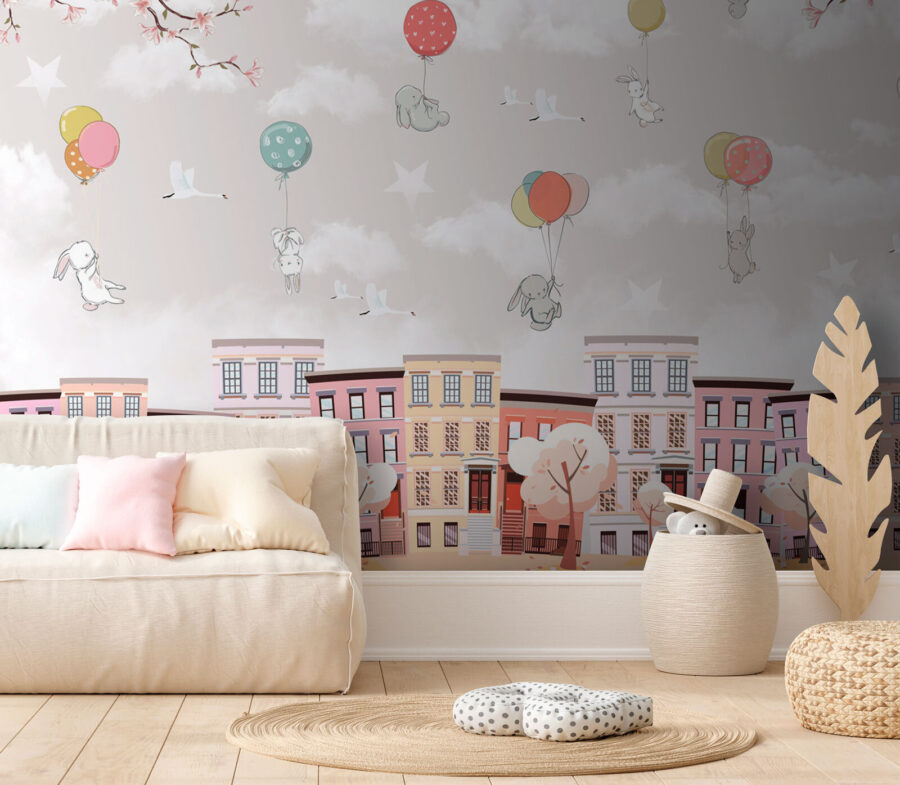 Stadt mit Bäumen und Luftballons