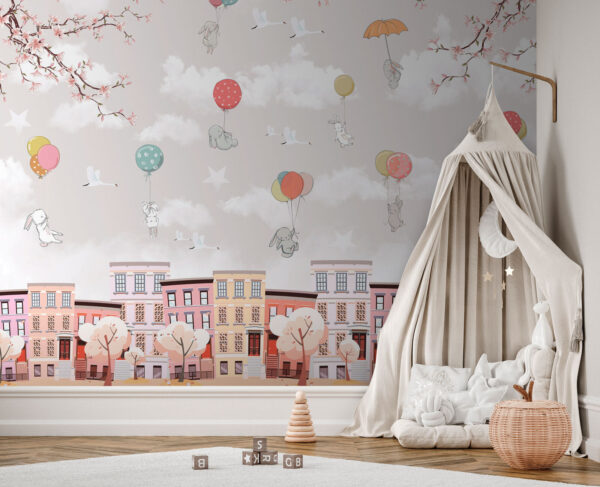 Stadt mit Bäumen und Luftballons Stadt mit Bäumen und Luftballons