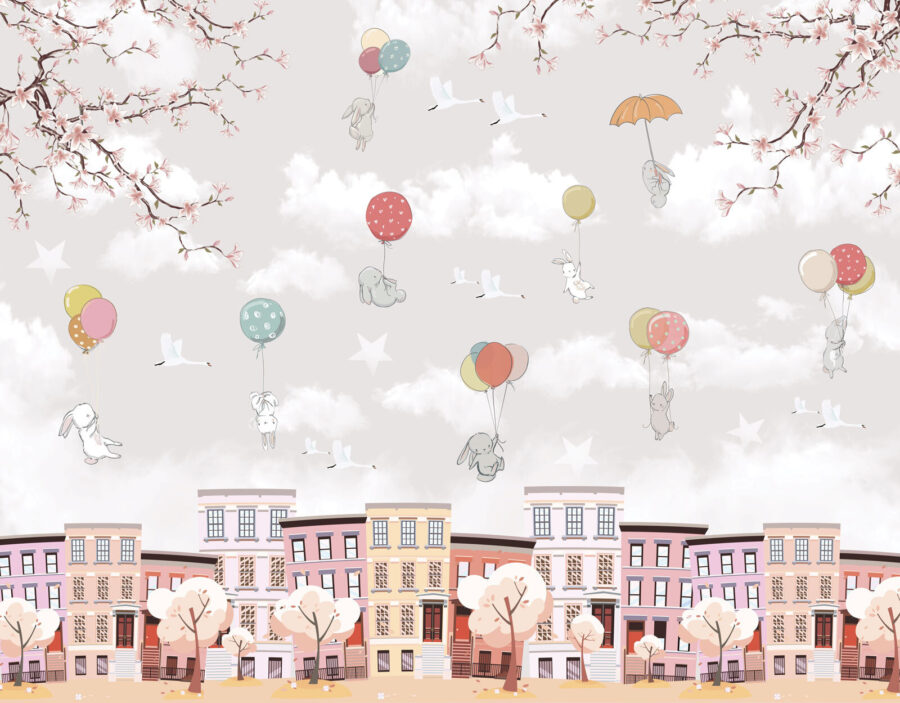 Stadt mit Bäumen und Luftballons