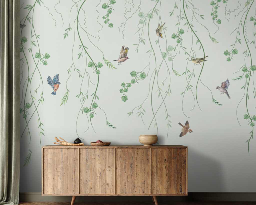 Wallpaper with birds and vines