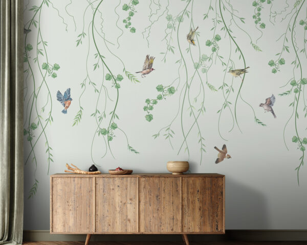 Wallpaper with birds and vines