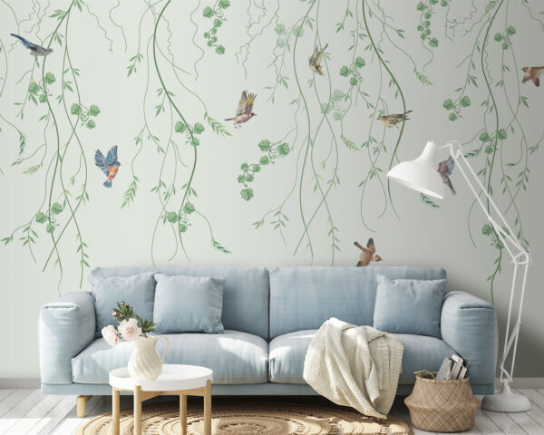 Wallpaper with birds and vines