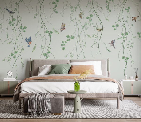 Wallpaper with birds and vines