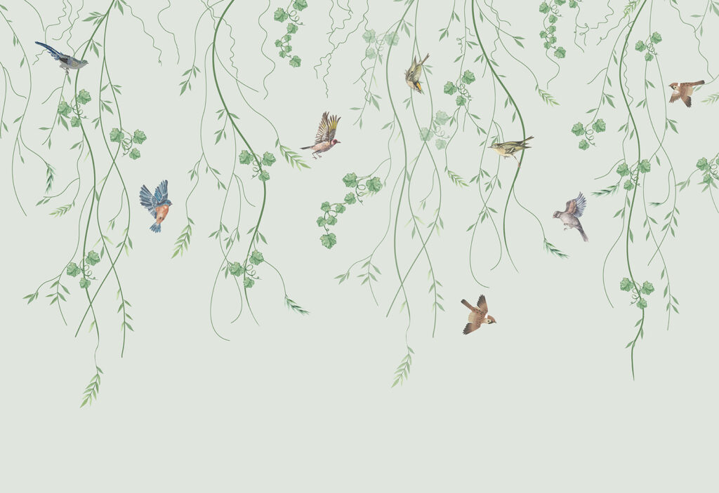 Wallpaper with birds and vines