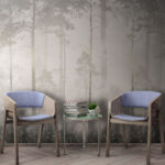 Fototapeten Nebliger Wald mit hohen Bäumen