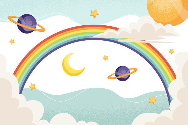 Regenbogen mit Planeten und Sternen Regenbogen mit Planeten und Sternen