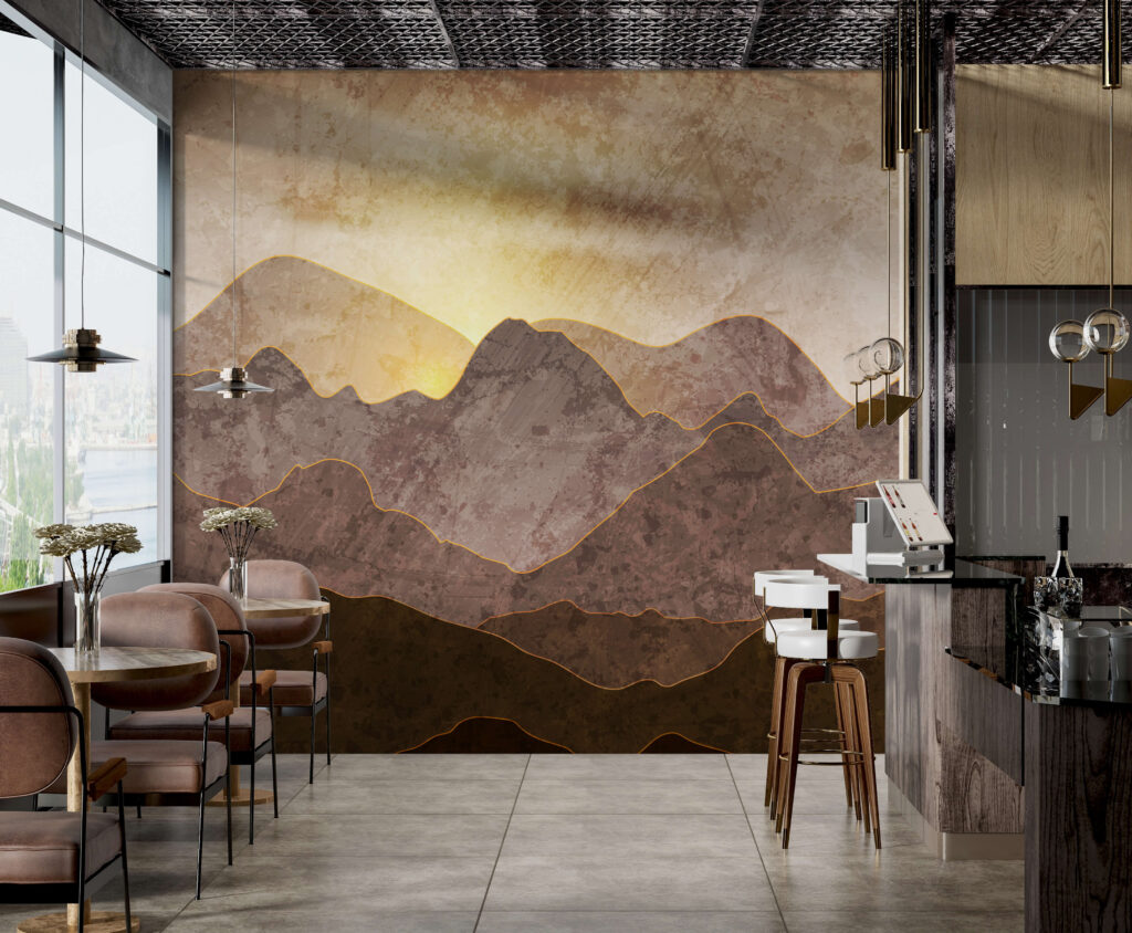 Painting of mountains and sun