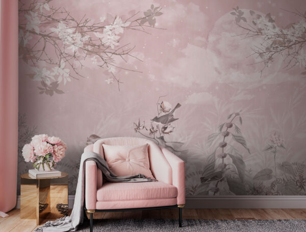 Rosa Hintergrund mit Vögeln und Blumen Rosa Hintergrund mit Vögeln und Blumen