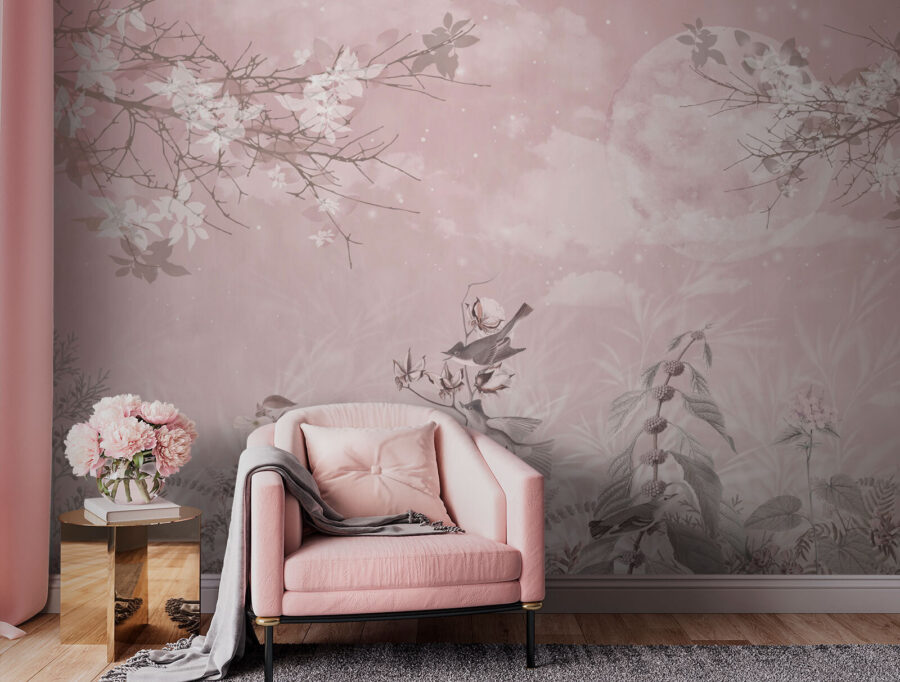 Rosa Hintergrund mit Vögeln und Blumen Rosa Hintergrund mit Vögeln und Blumen