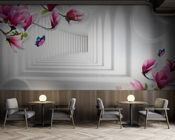 Tapete mit rosa Blumen und Schmetterlingen Tapete mit rosa Blumen und Schmetterlingen