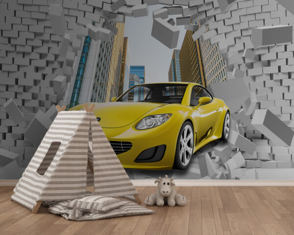 Gelbes Auto in einer Mauer aus Ziegelsteinen Gelbes Auto in einer Mauer aus Ziegelsteinen