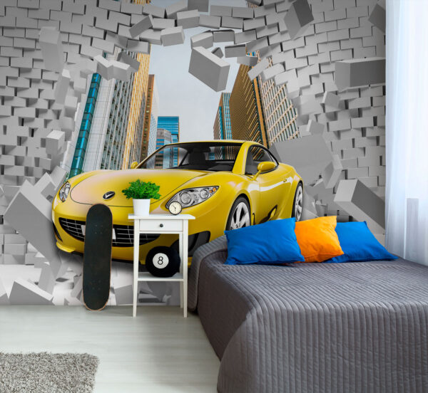 Gelbes Auto in einer Mauer aus Ziegelsteinen Gelbes Auto in einer Mauer aus Ziegelsteinen