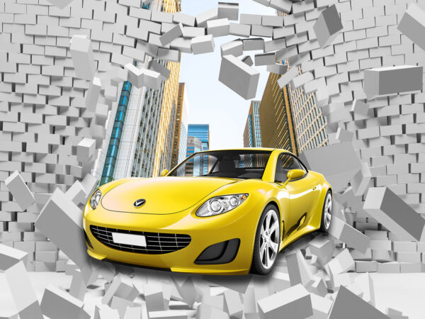 Gelbes Auto in einer Mauer aus Ziegelsteinen Gelbes Auto in einer Mauer aus Ziegelsteinen