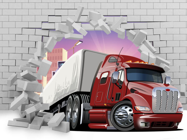 Truck breaking through a brick wall
