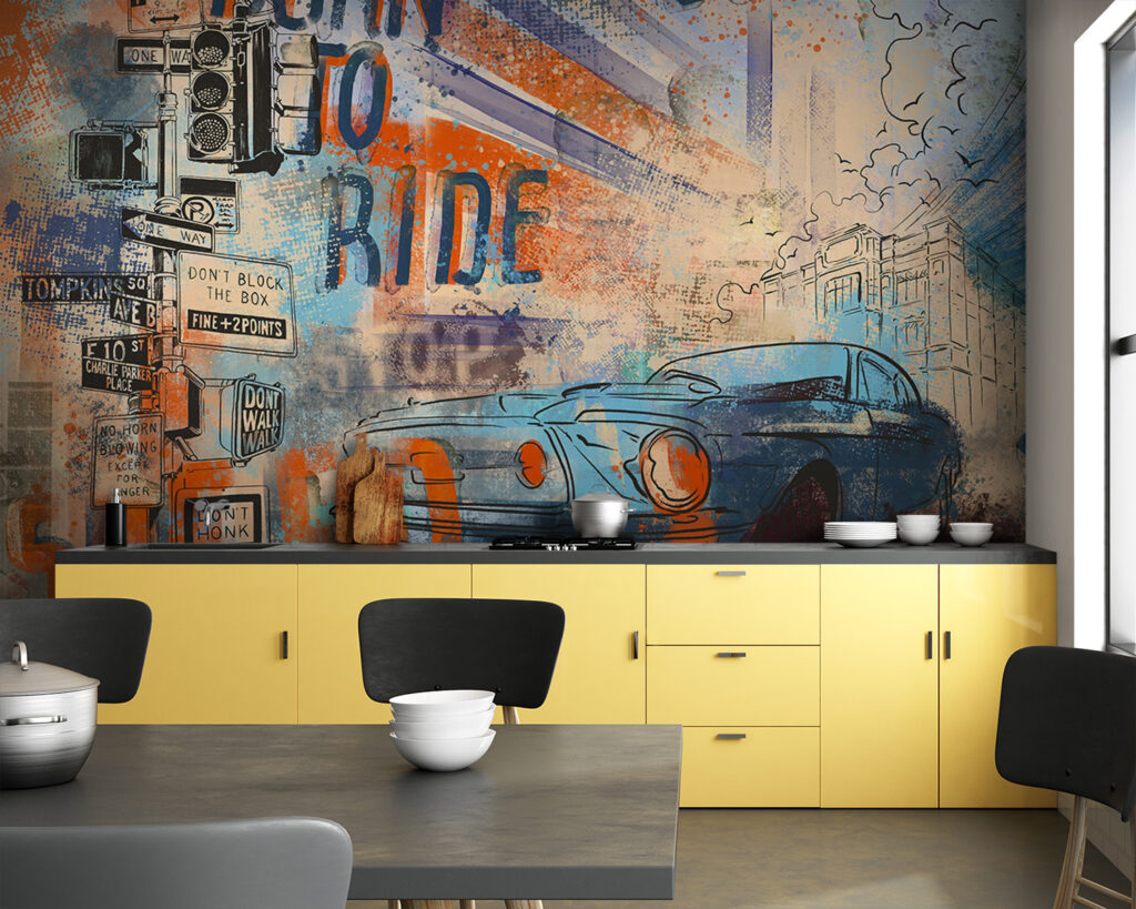 Painting of a car and street signs