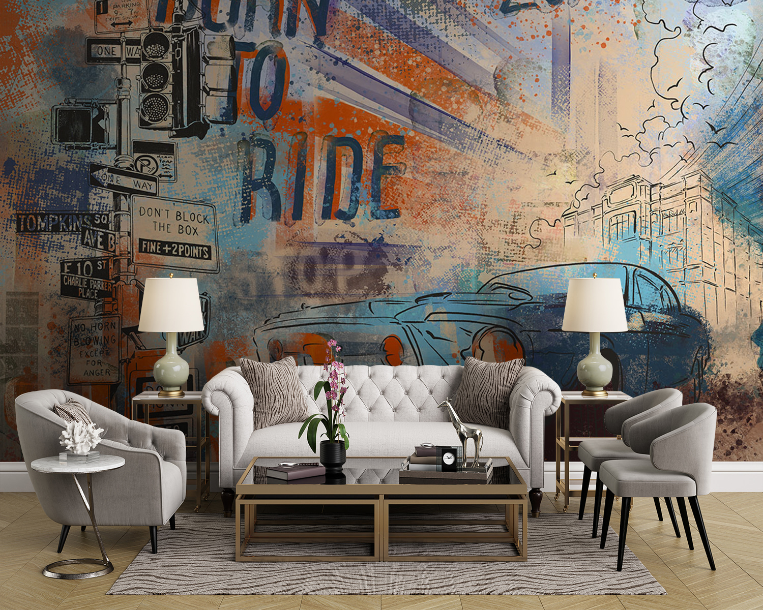 Painting of a car and street signs