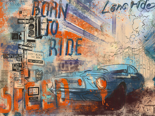 Painting of a car and street signs