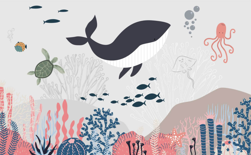 Whale and fish swimming in the ocean