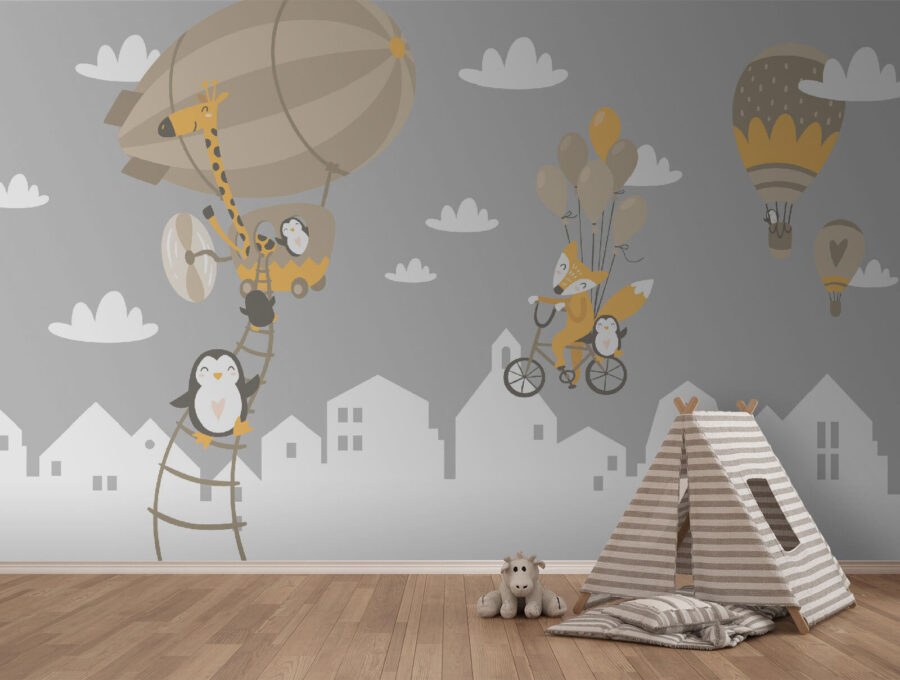 Cartoon-Tiere auf einem Fahrrad und einem Luftballon