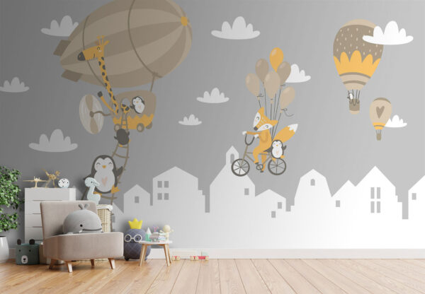 Cartoon-Tiere auf einem Fahrrad und einem Luftballon Cartoon-Tiere auf einem Fahrrad und einem Luftballon