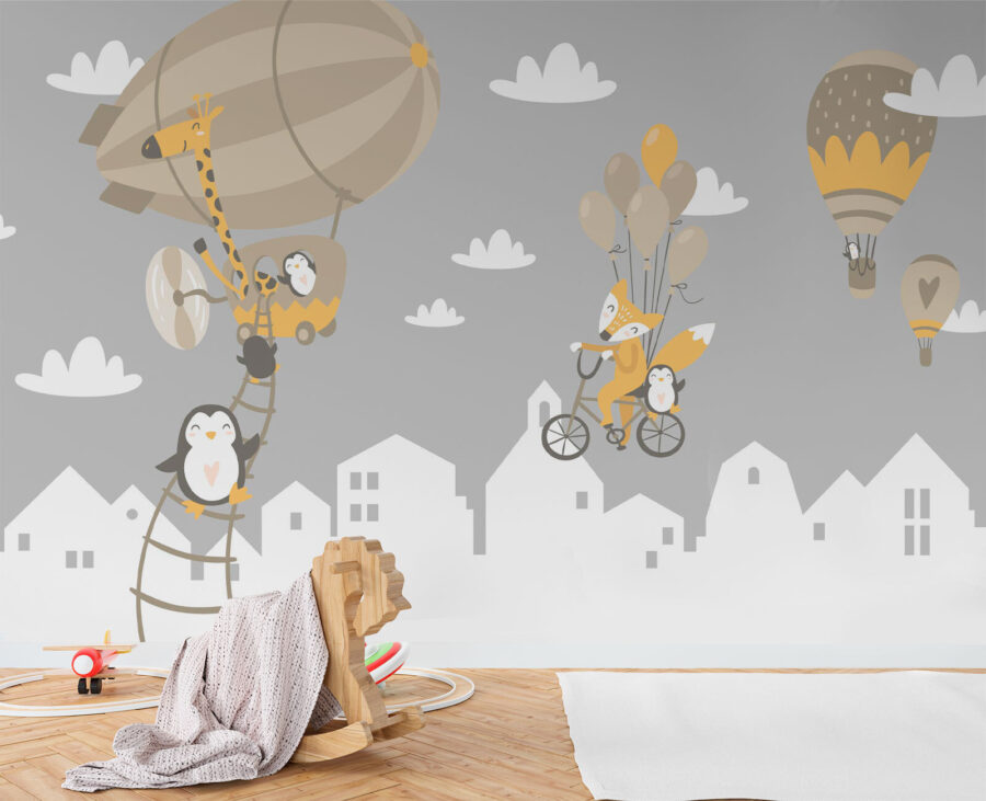 Cartoon-Tiere auf einem Fahrrad und einem Luftballon