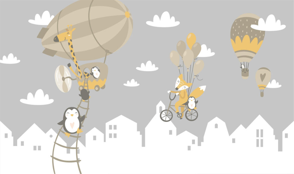 Cartoon-Tiere auf einem Fahrrad und einem Luftballon Cartoon-Tiere auf einem Fahrrad und einem Luftballon