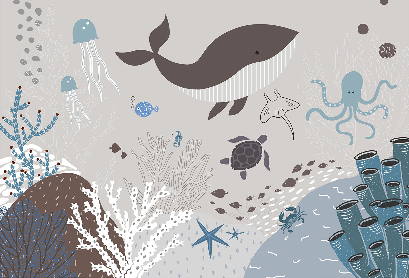 A sea life with a whale and seaweed