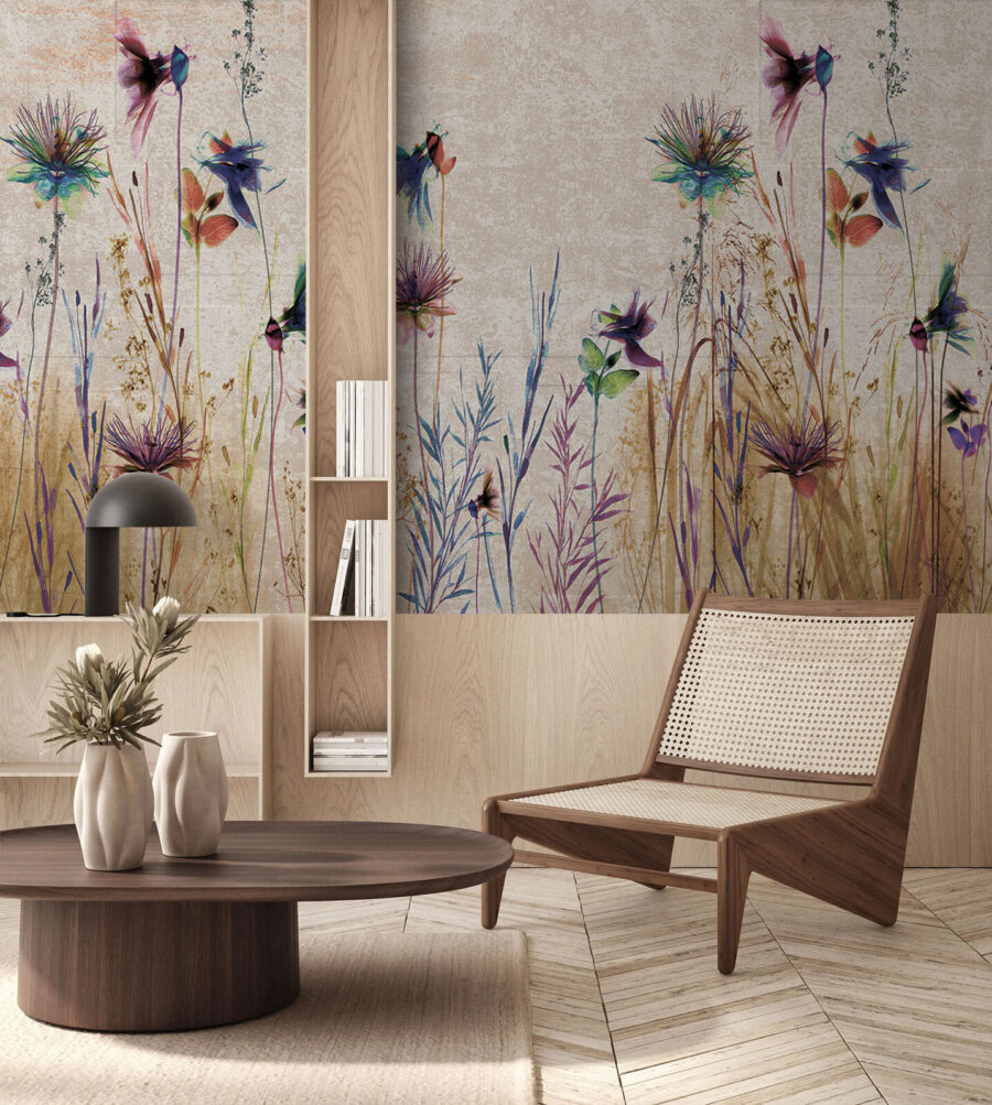 Bunte Blumen in einer ruhigen Landschaft.