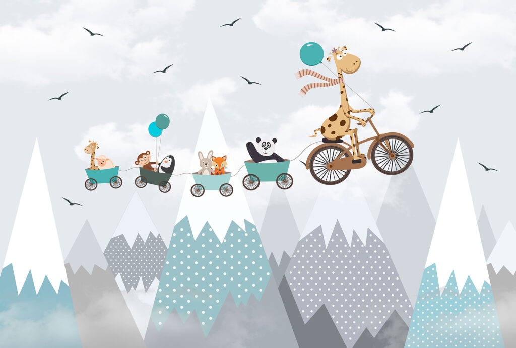 Giraffe auf einem Fahrrad mit einem Zug und Tieren Giraffe auf einem Fahrrad mit einem Zug und Tieren
